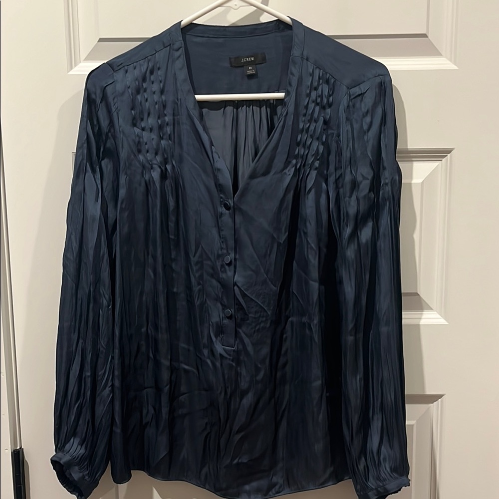 J. Crew Blue Long Sleeve Pleated Blouse